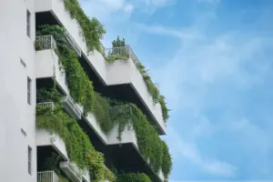 Grass-covered building walls, a green living theme